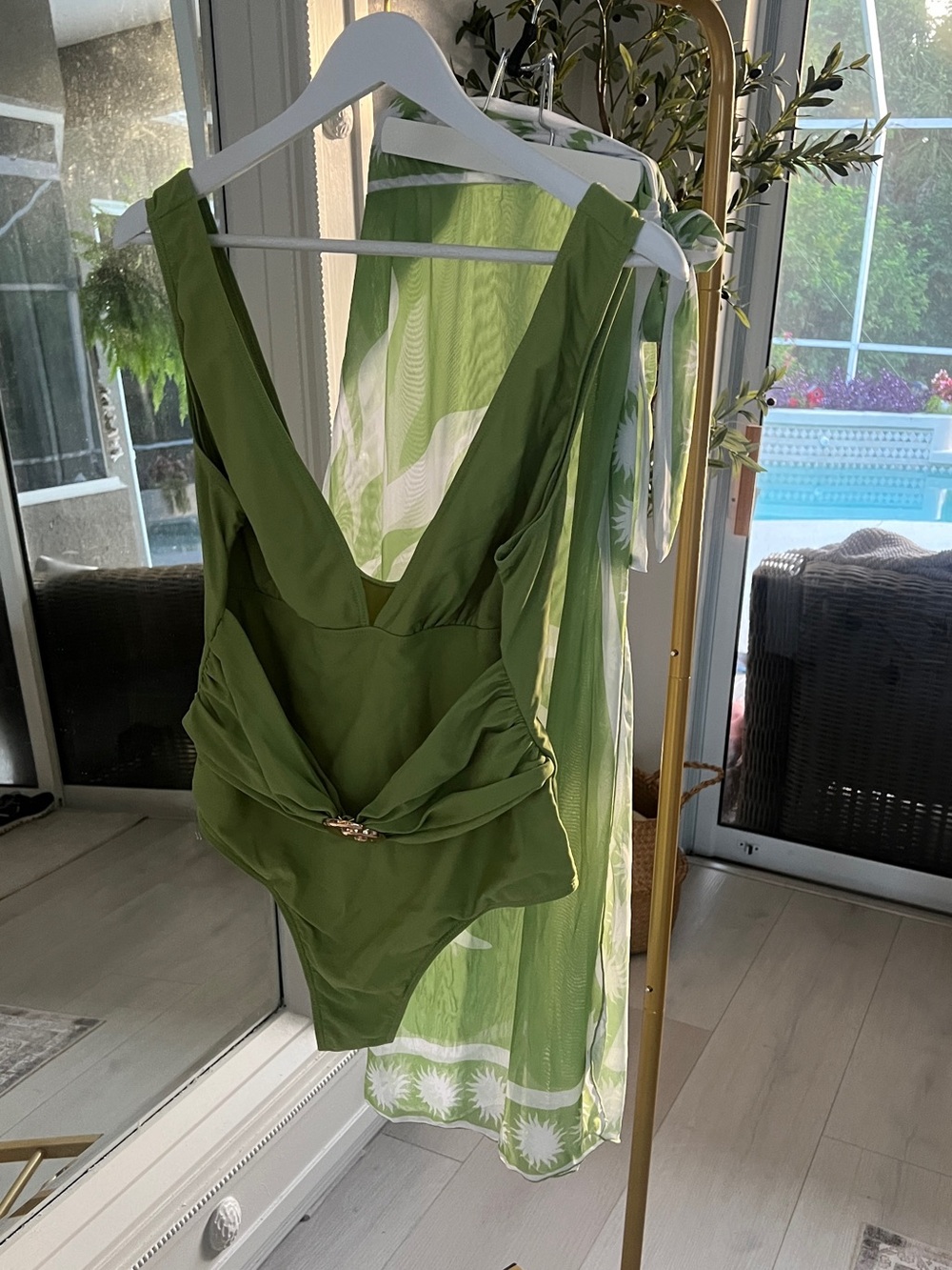 Olive Green One-Piece Swimsuit with Draped Front